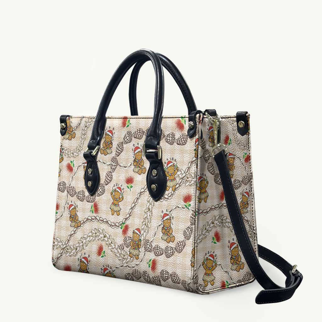 Beige Palaka Hawaii Mele Kalikimaka Leather Bag Ohia Lehua Shell Leis Funny Gingerbread Santa - Polynesian Pride
