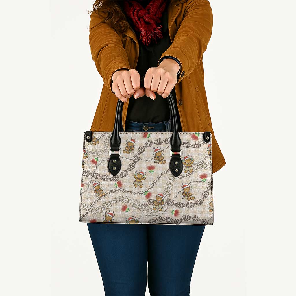 Beige Palaka Hawaii Mele Kalikimaka Leather Bag Ohia Lehua Shell Leis Funny Gingerbread Santa - Polynesian Pride