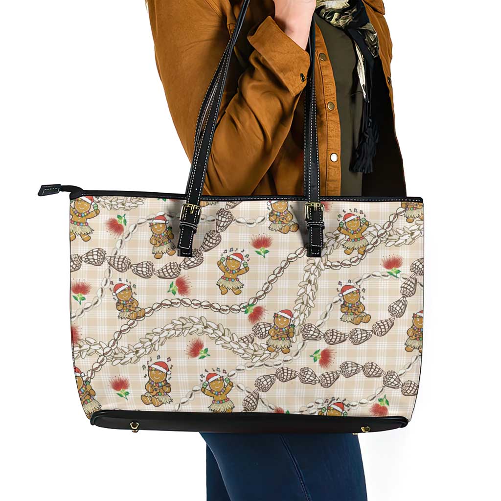 Beige Palaka Hawaii Mele Kalikimaka Leather Tote Bag Ohia Lehua Shell Leis Funny Gingerbread Santa - Polynesian Pride