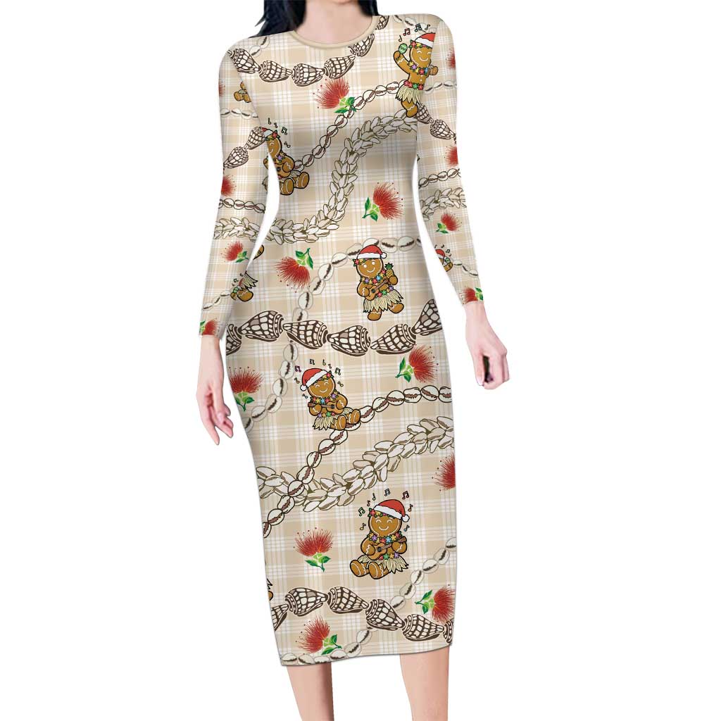 Beige Palaka Hawaii Mele Kalikimaka Long Sleeve Bodycon Dress Ohia Lehua Shell Leis Funny Gingerbread Santa - Polynesian Pride