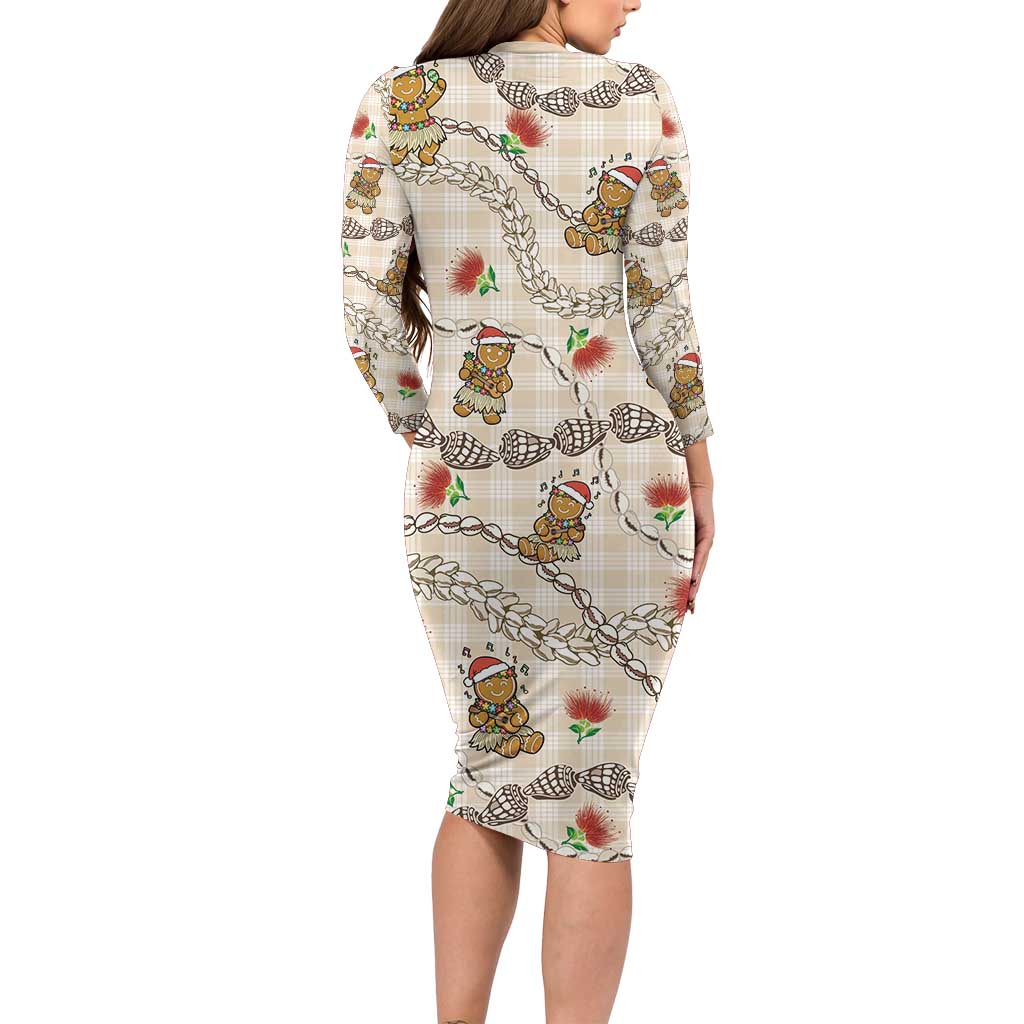 Beige Palaka Hawaii Mele Kalikimaka Long Sleeve Bodycon Dress Ohia Lehua Shell Leis Funny Gingerbread Santa - Polynesian Pride