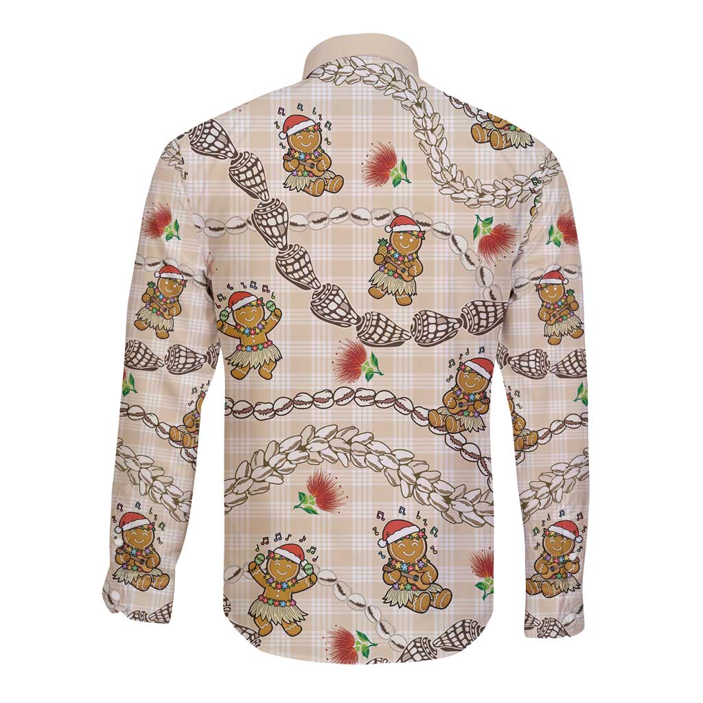 Beige Palaka Hawaii Mele Kalikimaka Long Sleeve Button Shirt Ohia Lehua Shell Leis Funny Gingerbread Santa LT14 - Polynesian Pride