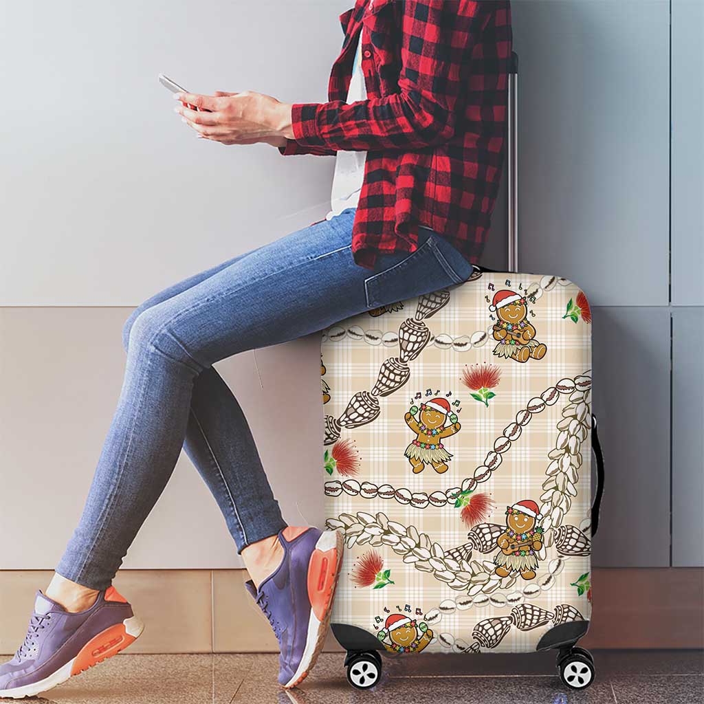 Beige Palaka Hawaii Mele Kalikimaka Luggage Cover Ohia Lehua Shell Leis Funny Gingerbread Santa - Polynesian Pride