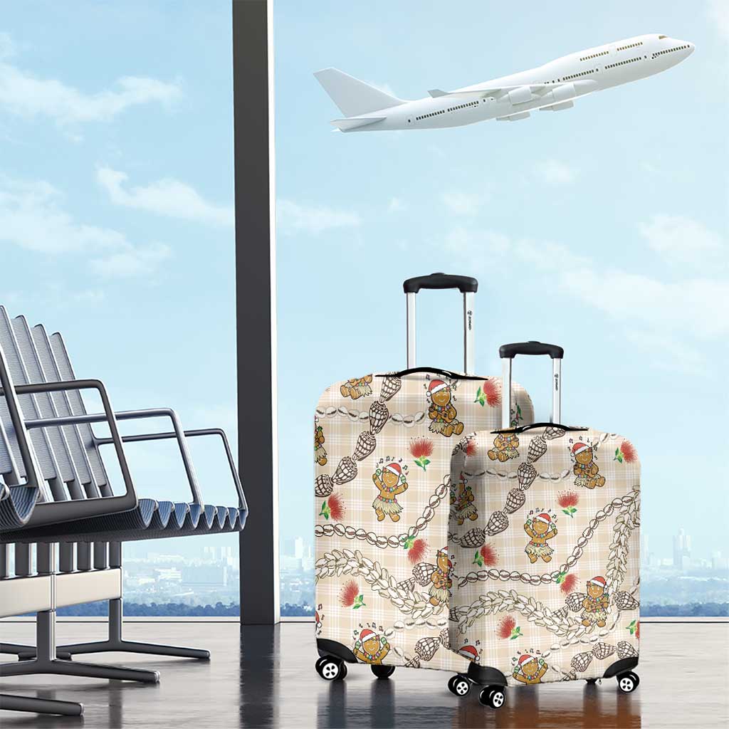 Beige Palaka Hawaii Mele Kalikimaka Luggage Cover Ohia Lehua Shell Leis Funny Gingerbread Santa - Polynesian Pride