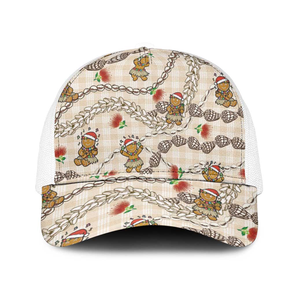 Beige Palaka Hawaii Mele Kalikimaka Mesh Trucker Cap Ohia Lehua Shell Leis Funny Gingerbread Santa - Polynesian Pride