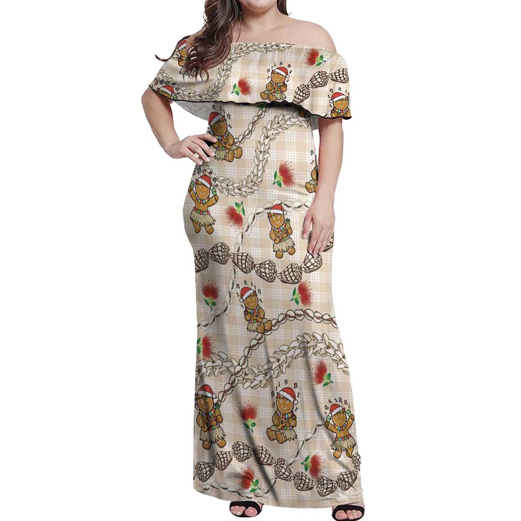 Beige Palaka Hawaii Mele Kalikimaka Off Shoulder Maxi Dress Ohia Lehua Shell Leis Funny Gingerbread Santa - Polynesian Pride