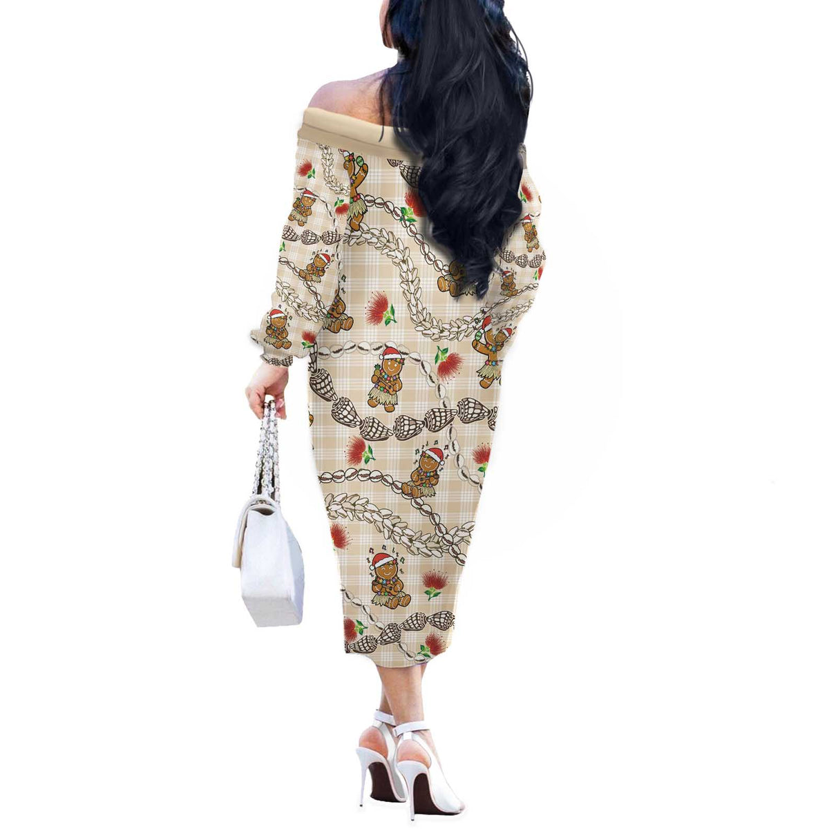 Beige Palaka Hawaii Mele Kalikimaka Off The Shoulder Long Sleeve Dress Ohia Lehua Shell Leis Funny Gingerbread Santa - Polynesian Pride
