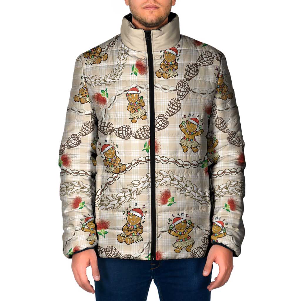 Beige Palaka Hawaii Mele Kalikimaka Padded Jacket Ohia Lehua Shell Leis Funny Gingerbread Santa - Polynesian Pride