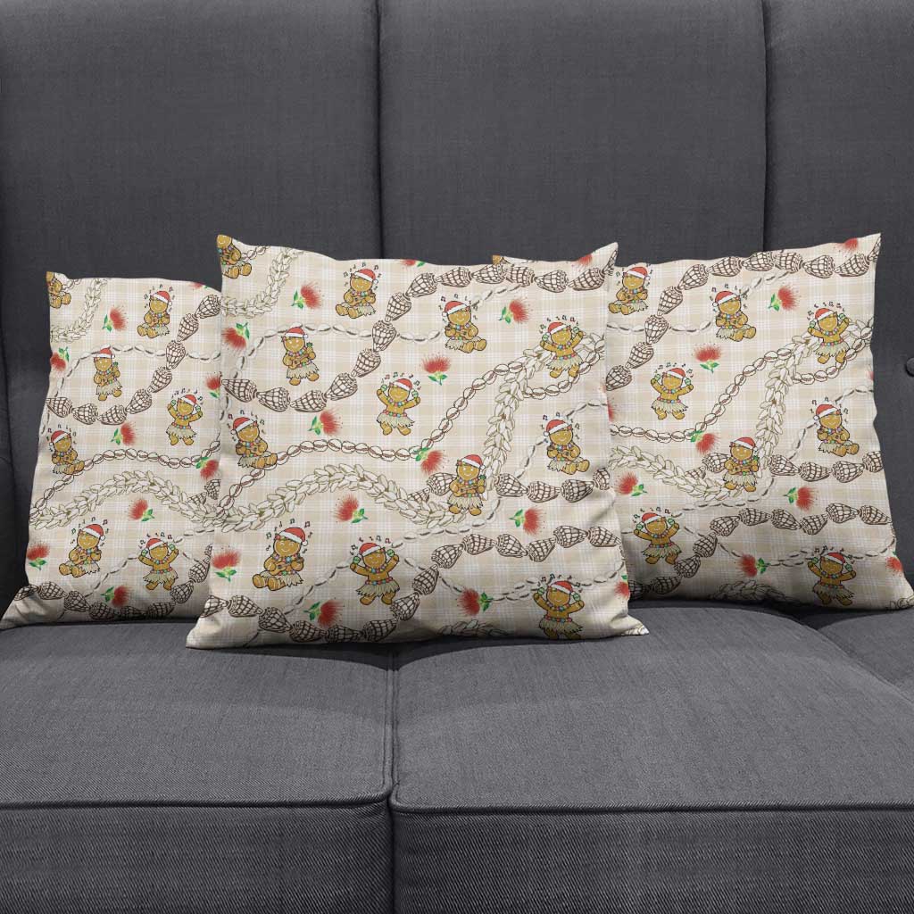 Beige Palaka Hawaii Mele Kalikimaka Pillow Cover Ohia Lehua Shell Leis Funny Gingerbread Santa - Polynesian Pride