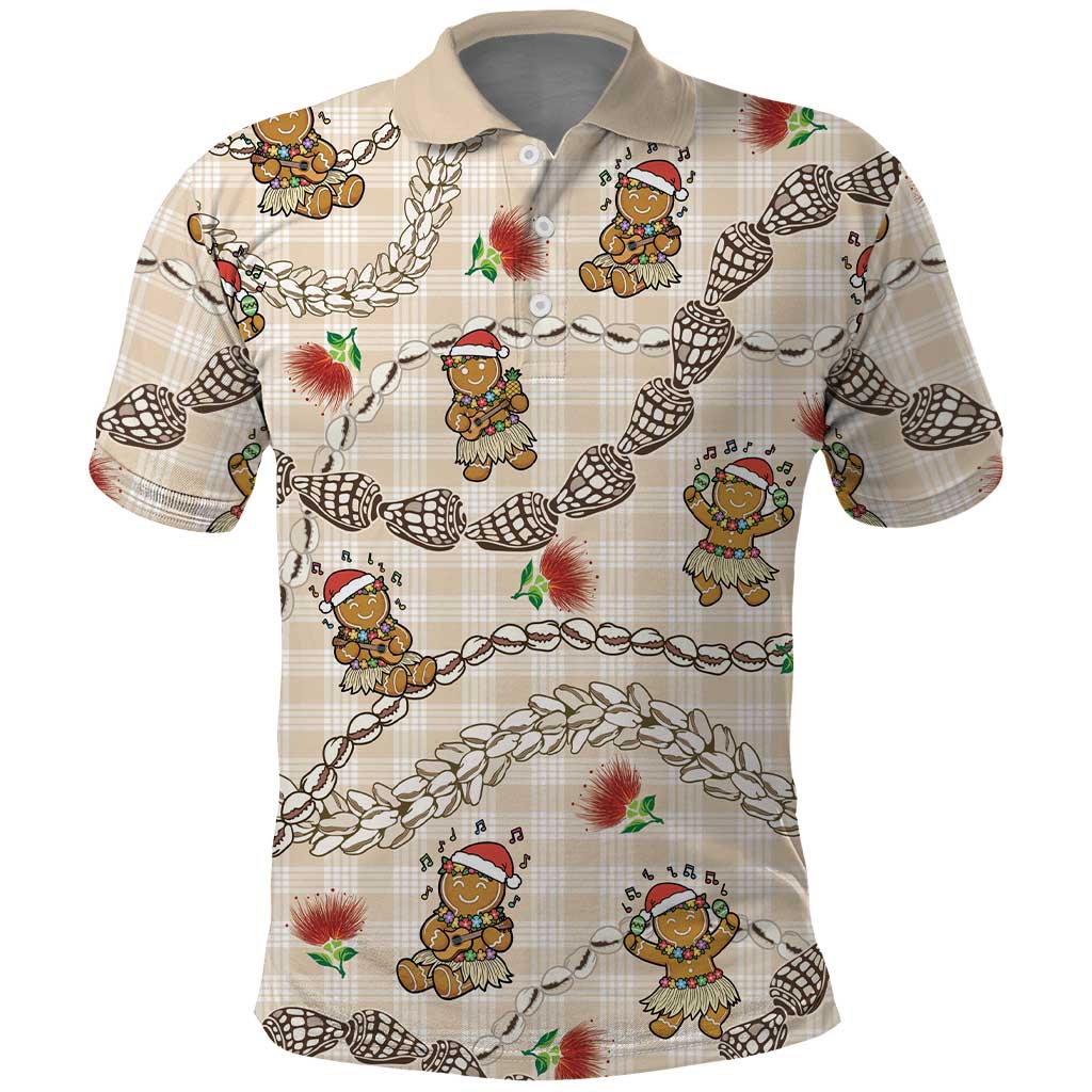 Beige Palaka Hawaii Mele Kalikimaka Polo Shirt Ohia Lehua Shell Leis Funny Gingerbread Santa - Polynesian Pride