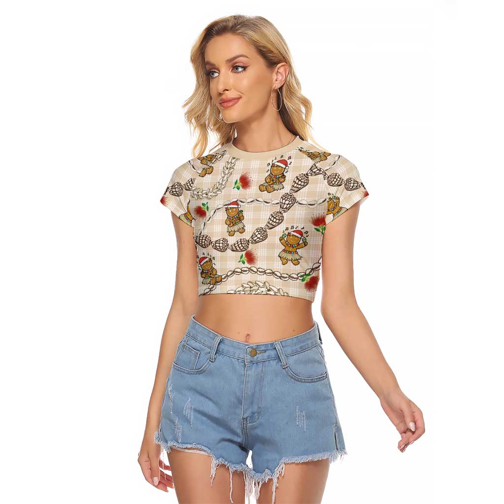 Beige Palaka Hawaii Mele Kalikimaka Raglan Cropped T Shirt Ohia Lehua Shell Leis Funny Gingerbread Santa - Polynesian Pride