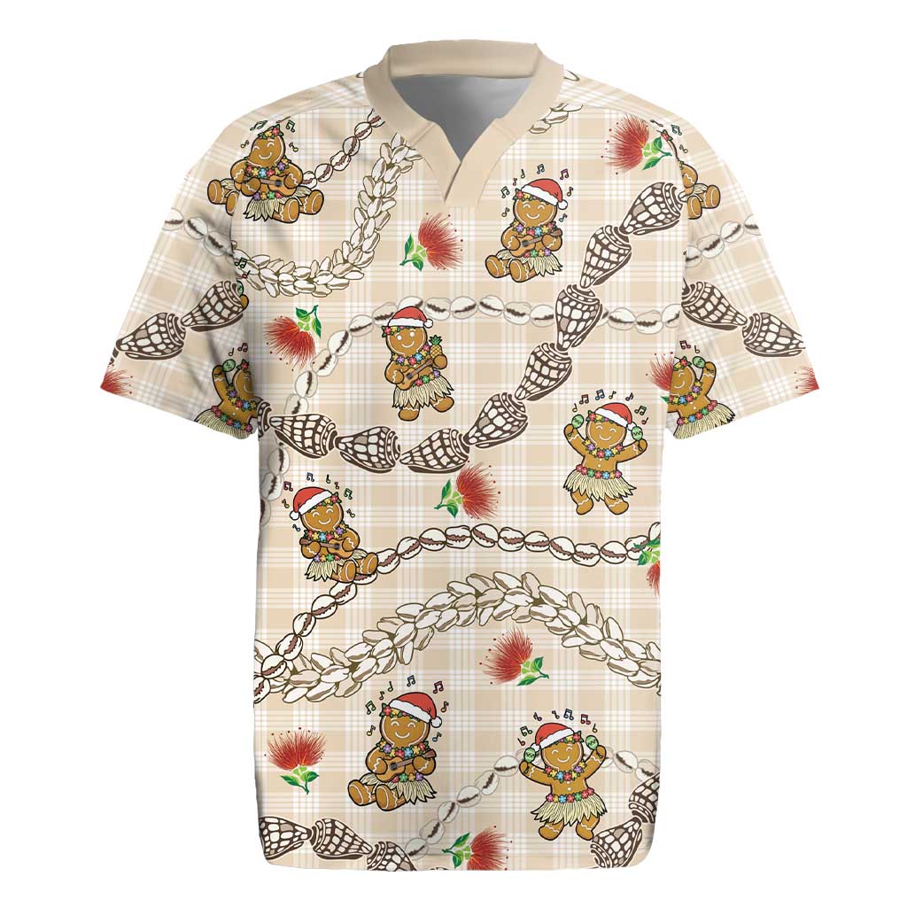 Beige Palaka Hawaii Mele Kalikimaka Rugby Jersey Ohia Lehua Shell Leis Funny Gingerbread Santa - Polynesian Pride