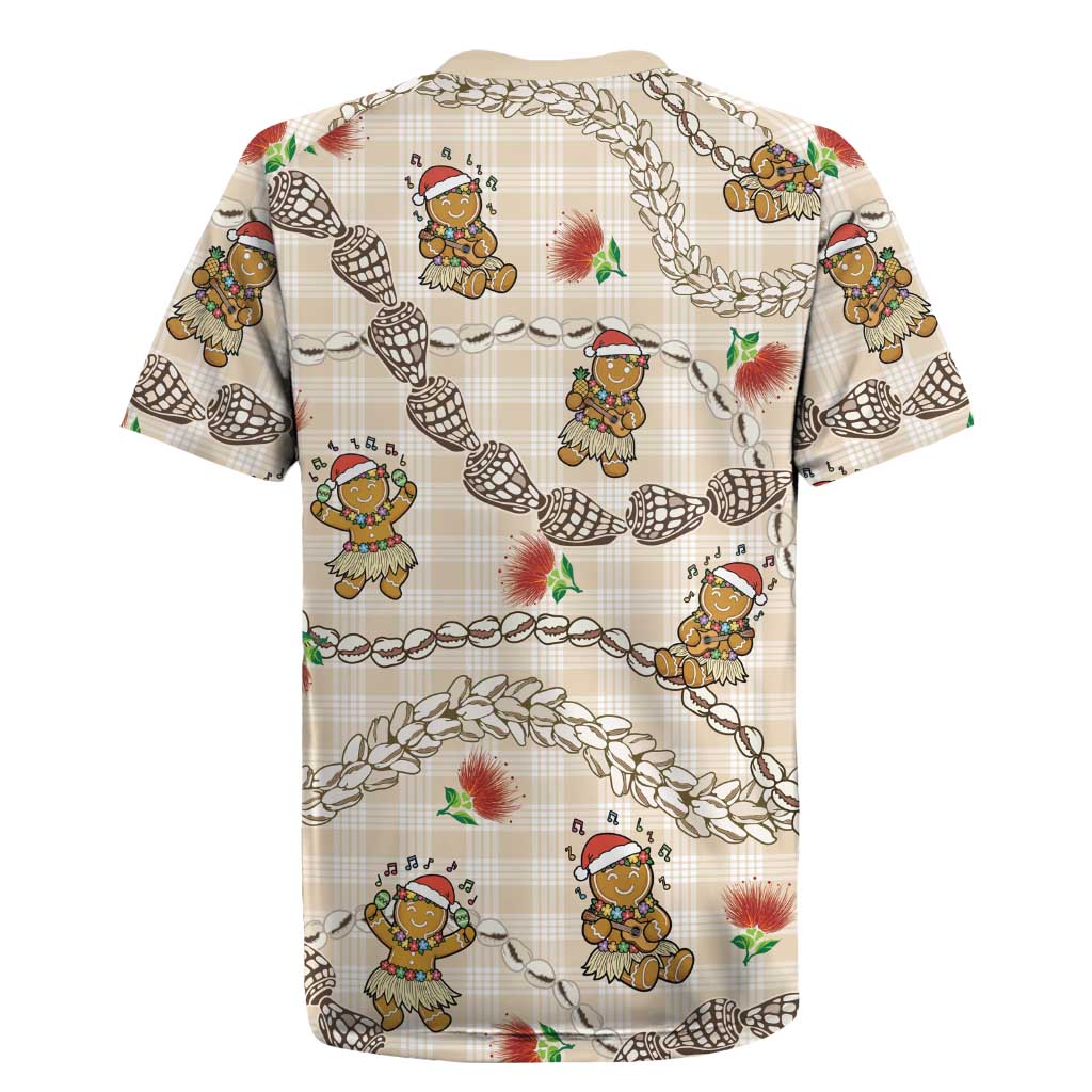 Beige Palaka Hawaii Mele Kalikimaka Rugby Jersey Ohia Lehua Shell Leis Funny Gingerbread Santa LT14 - Polynesian Pride