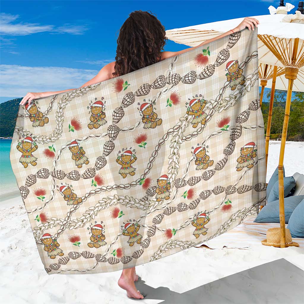 Beige Palaka Hawaii Mele Kalikimaka Sarong Ohia Lehua Shell Leis Funny Gingerbread Santa - Polynesian Pride