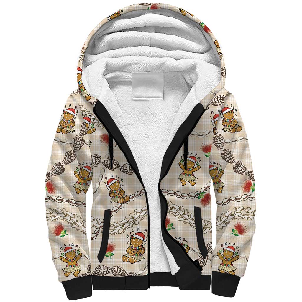 Beige Palaka Hawaii Mele Kalikimaka Sherpa Hoodie Ohia Lehua Shell Leis Funny Gingerbread Santa - Polynesian Pride