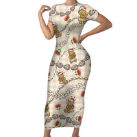 Beige Palaka Hawaii Mele Kalikimaka Short Sleeve Bodycon Dress Ohia Lehua Shell Leis Funny Gingerbread Santa - Polynesian Pride
