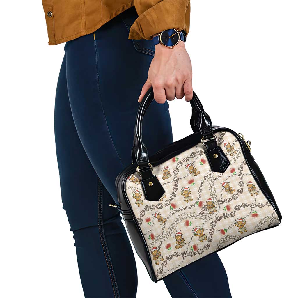 Beige Palaka Hawaii Mele Kalikimaka Shoulder Handbag Ohia Lehua Shell Leis Funny Gingerbread Santa - Polynesian Pride