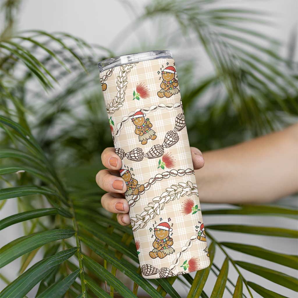 Beige Palaka Hawaii Mele Kalikimaka Skinny Tumbler Ohia Lehua Shell Leis Funny Gingerbread Santa LT14 - Polynesian Pride