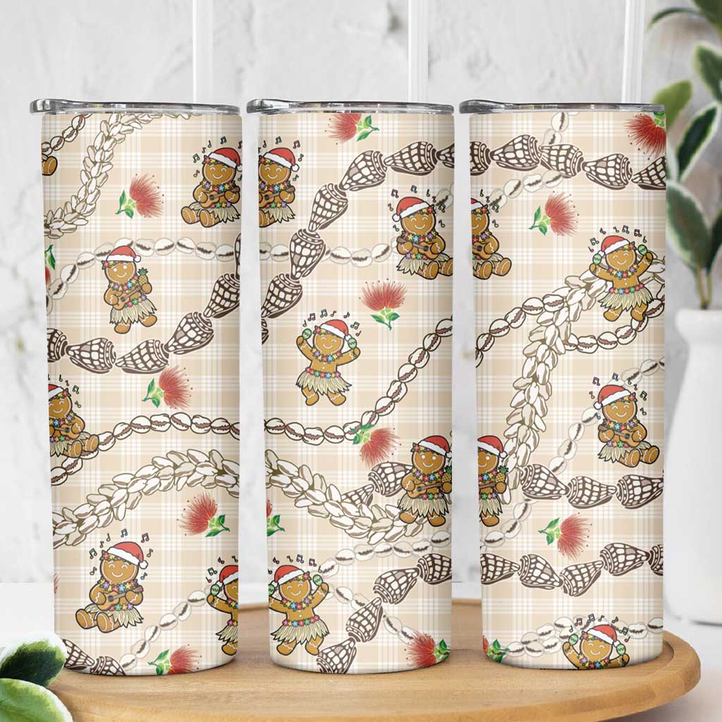 Beige Palaka Hawaii Mele Kalikimaka Skinny Tumbler Ohia Lehua Shell Leis Funny Gingerbread Santa LT14 - Polynesian Pride