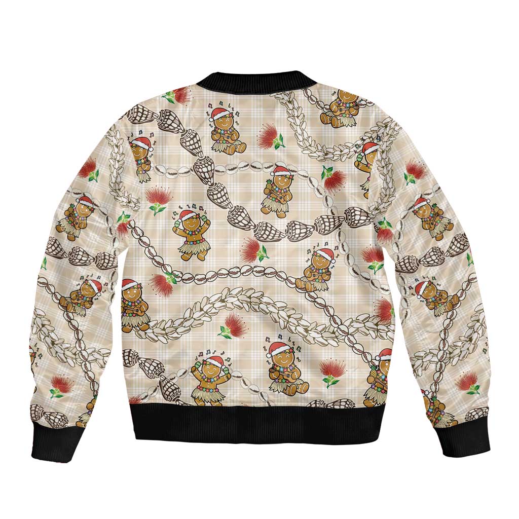 Beige Palaka Hawaii Mele Kalikimaka Sleeve Zip Bomber Jacket Ohia Lehua Shell Leis Funny Gingerbread Santa - Polynesian Pride