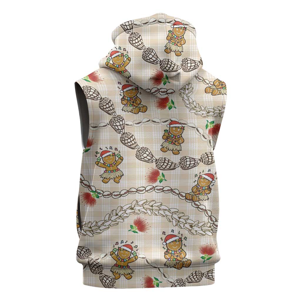 Beige Palaka Hawaii Mele Kalikimaka Sleeveless Hoodie Ohia Lehua Shell Leis Funny Gingerbread Santa - Polynesian Pride