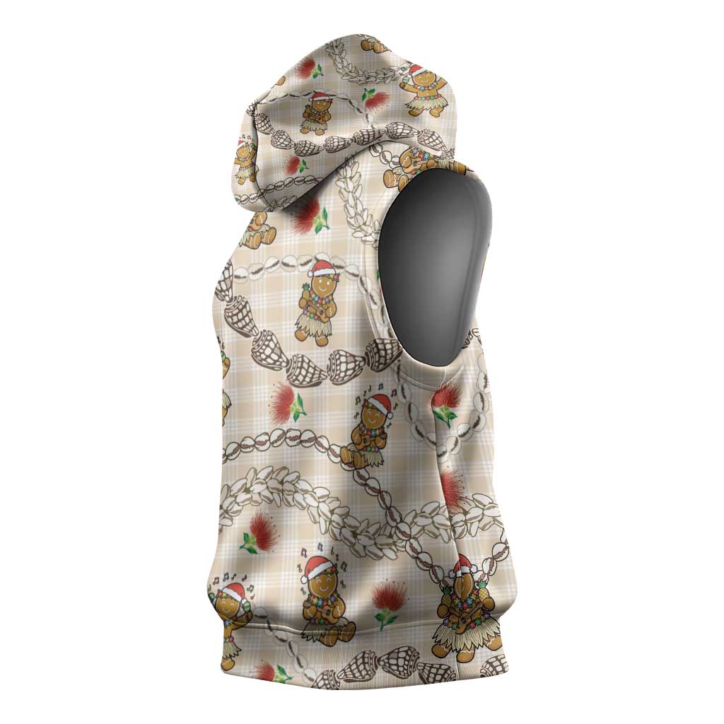 Beige Palaka Hawaii Mele Kalikimaka Sleeveless Hoodie Ohia Lehua Shell Leis Funny Gingerbread Santa - Polynesian Pride