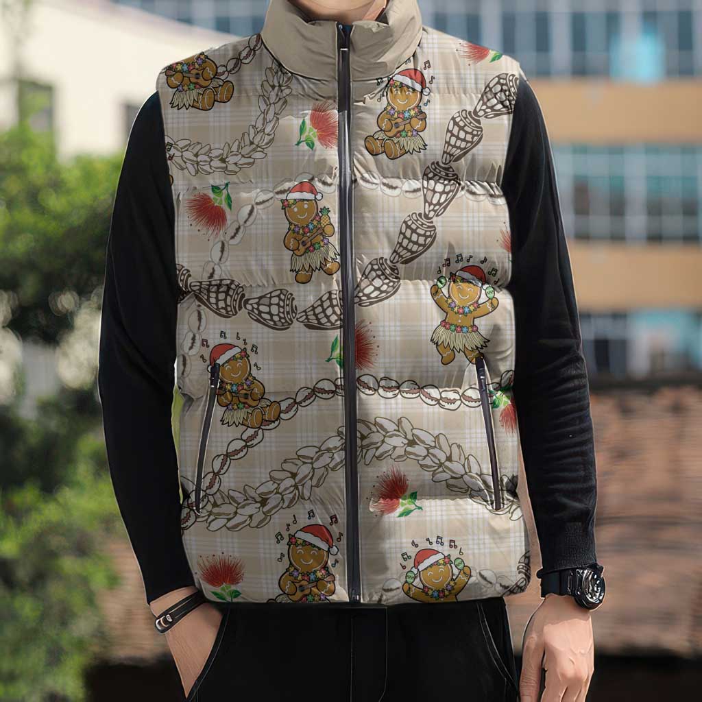 Beige Palaka Hawaii Mele Kalikimaka Sleeveless Puffer Jacket Ohia Lehua Shell Leis Funny Gingerbread Santa - Polynesian Pride