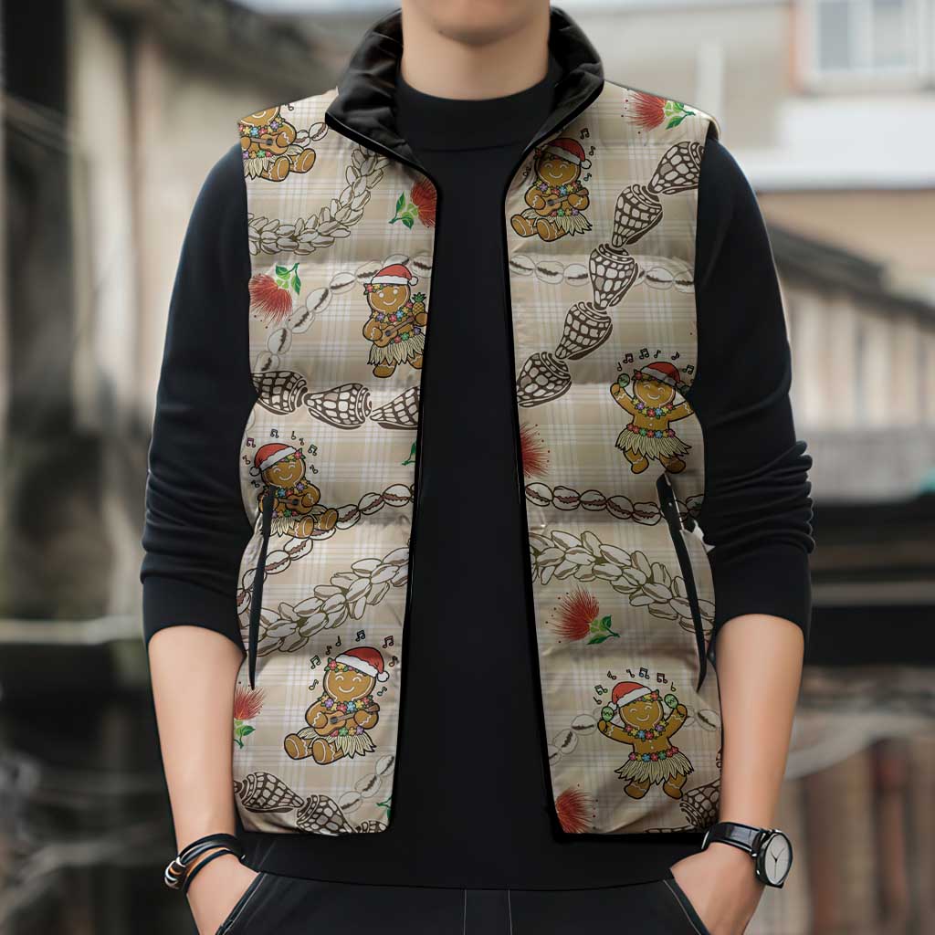 Beige Palaka Hawaii Mele Kalikimaka Sleeveless Puffer Jacket Ohia Lehua Shell Leis Funny Gingerbread Santa - Polynesian Pride