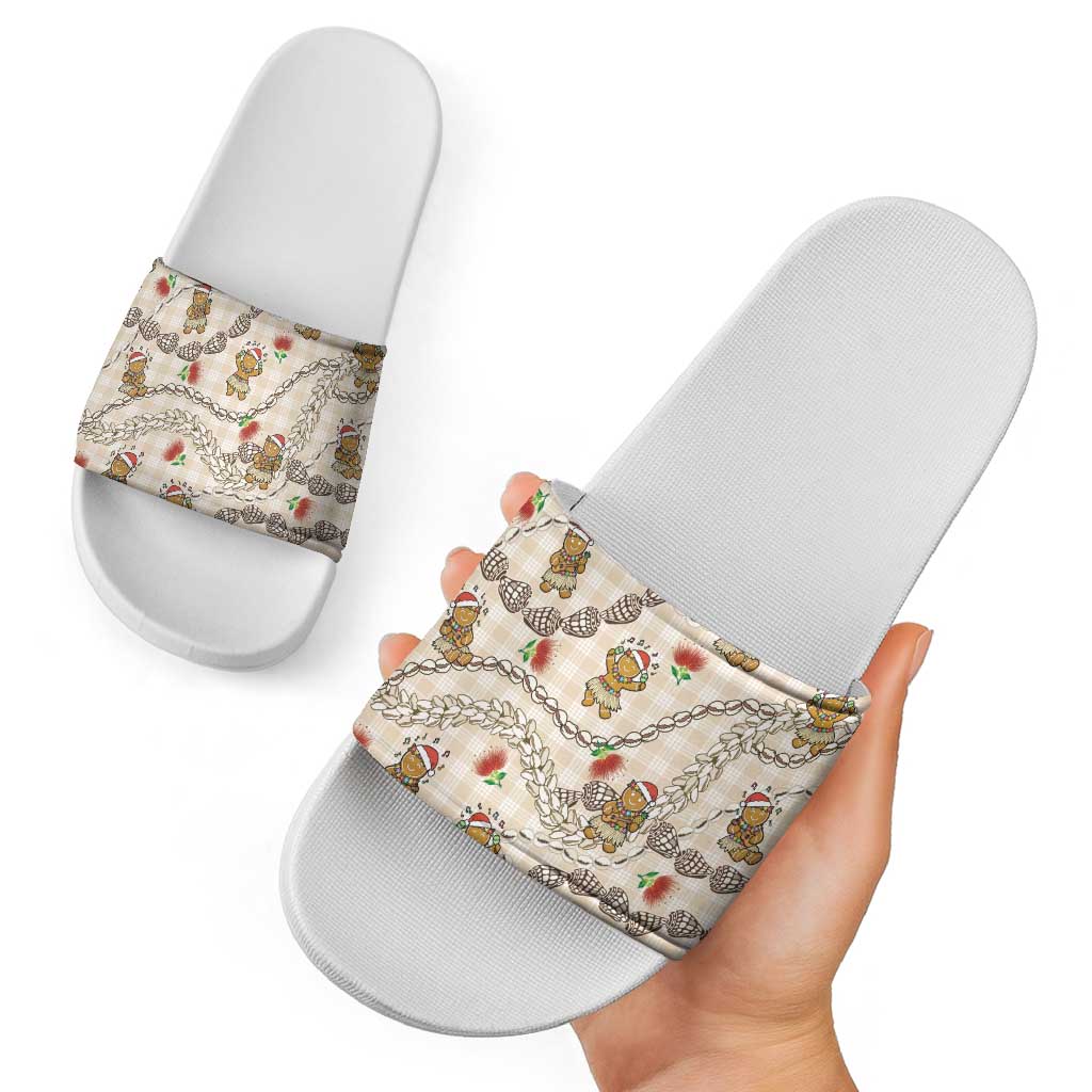 Beige Palaka Hawaii Mele Kalikimaka Slide Sandals Ohia Lehua Shell Leis Funny Gingerbread Santa - Polynesian Pride