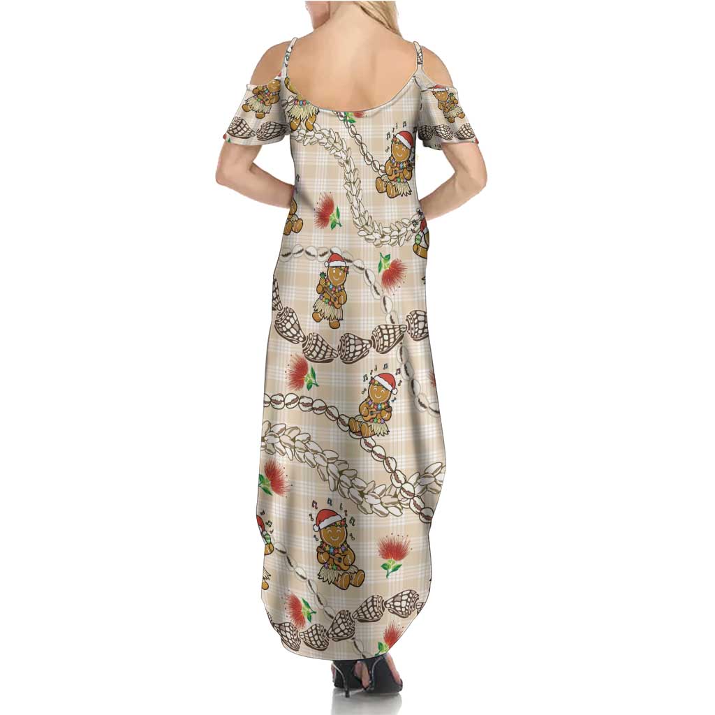 Beige Palaka Hawaii Mele Kalikimaka Summer Maxi Dress Ohia Lehua Shell Leis Funny Gingerbread Santa - Polynesian Pride
