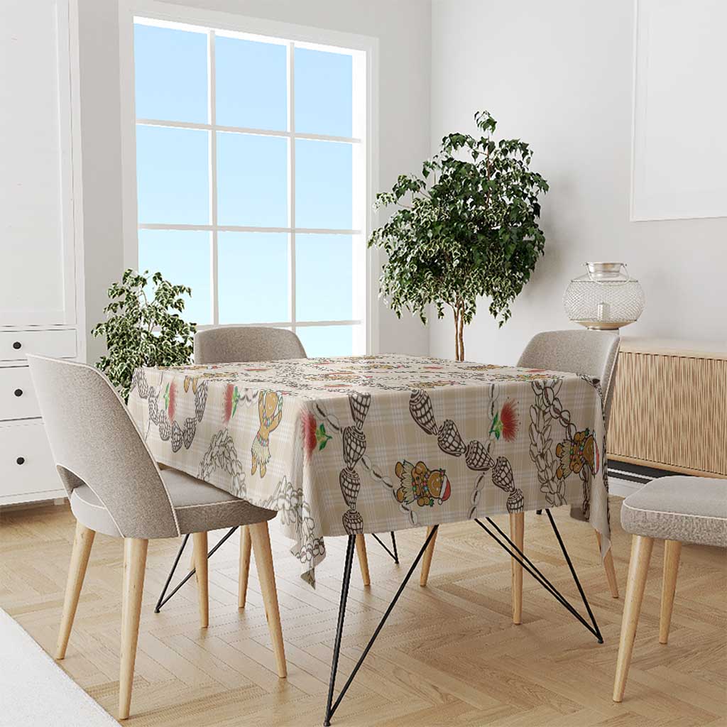 Beige Palaka Hawaii Mele Kalikimaka Tablecloth Ohia Lehua Shell Leis Funny Gingerbread Santa - Polynesian Pride