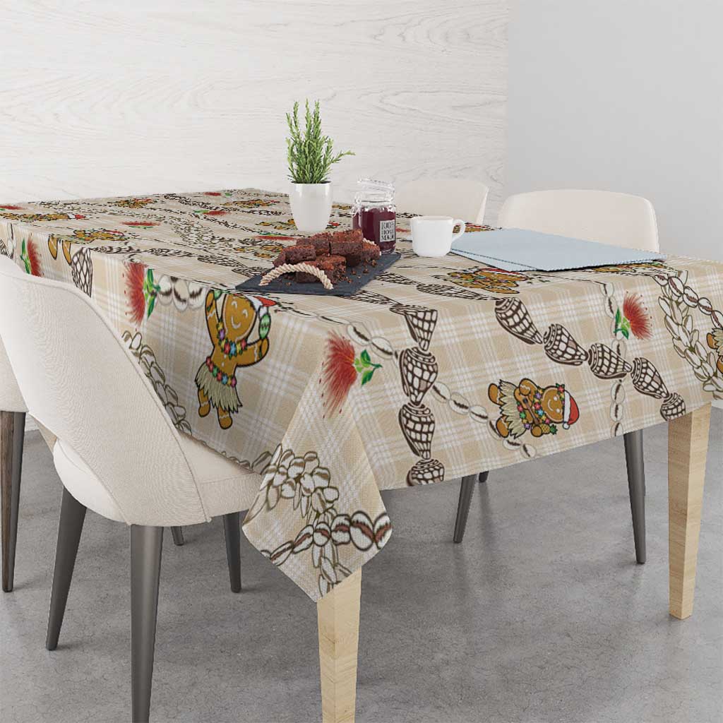 Beige Palaka Hawaii Mele Kalikimaka Tablecloth Ohia Lehua Shell Leis Funny Gingerbread Santa - Polynesian Pride