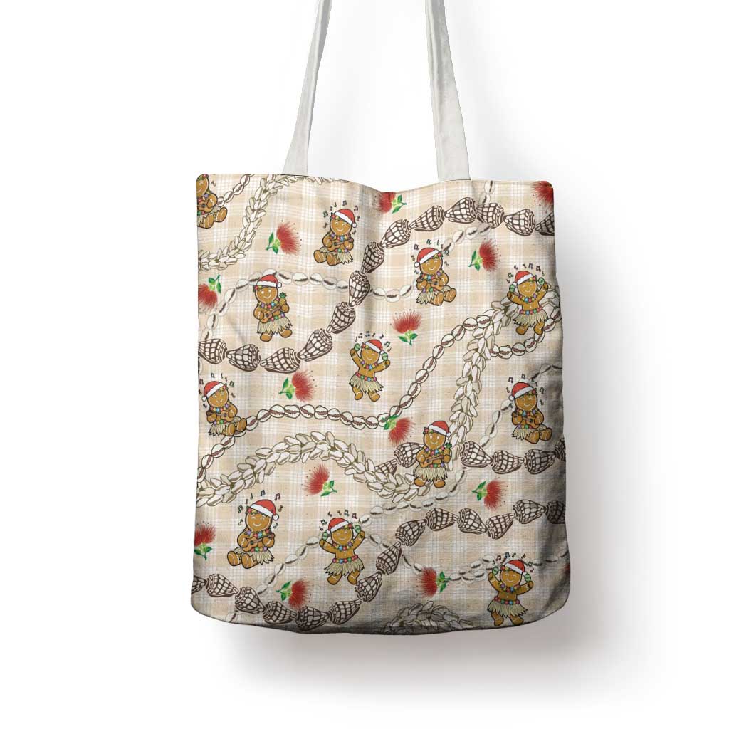 Beige Palaka Hawaii Mele Kalikimaka Tote Bag Ohia Lehua Shell Leis Funny Gingerbread Santa LT14 - Polynesian Pride