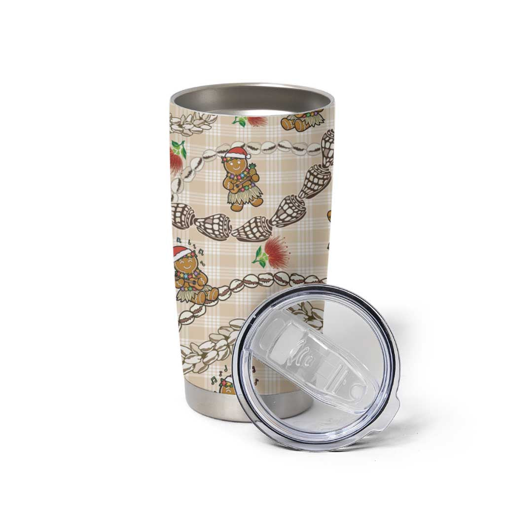 Beige Palaka Hawaii Mele Kalikimaka Tumbler Cup Ohia Lehua Shell Leis Funny Gingerbread Santa - Polynesian Pride