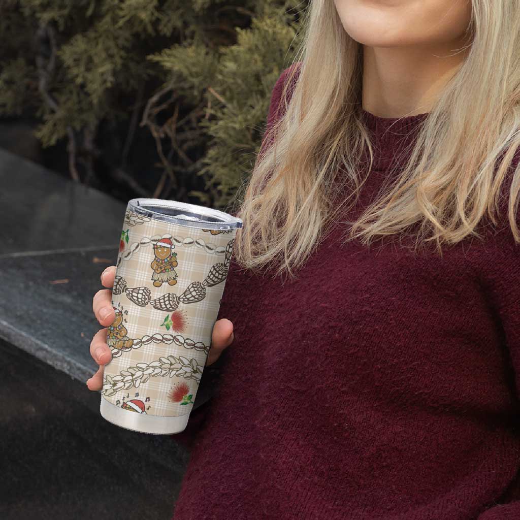 Beige Palaka Hawaii Mele Kalikimaka Tumbler Cup Ohia Lehua Shell Leis Funny Gingerbread Santa - Polynesian Pride
