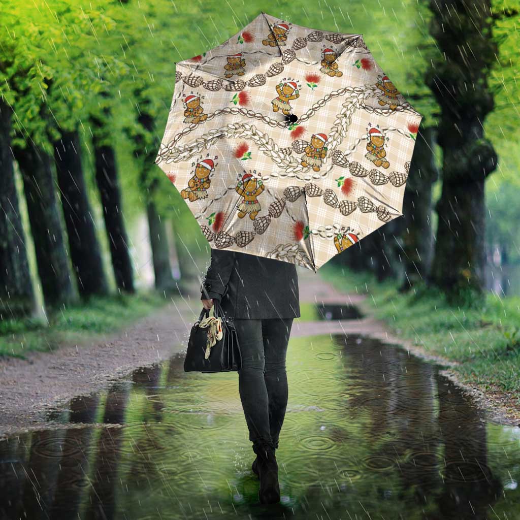Beige Palaka Hawaii Mele Kalikimaka Umbrella Ohia Lehua Shell Leis Funny Gingerbread Santa - Polynesian Pride