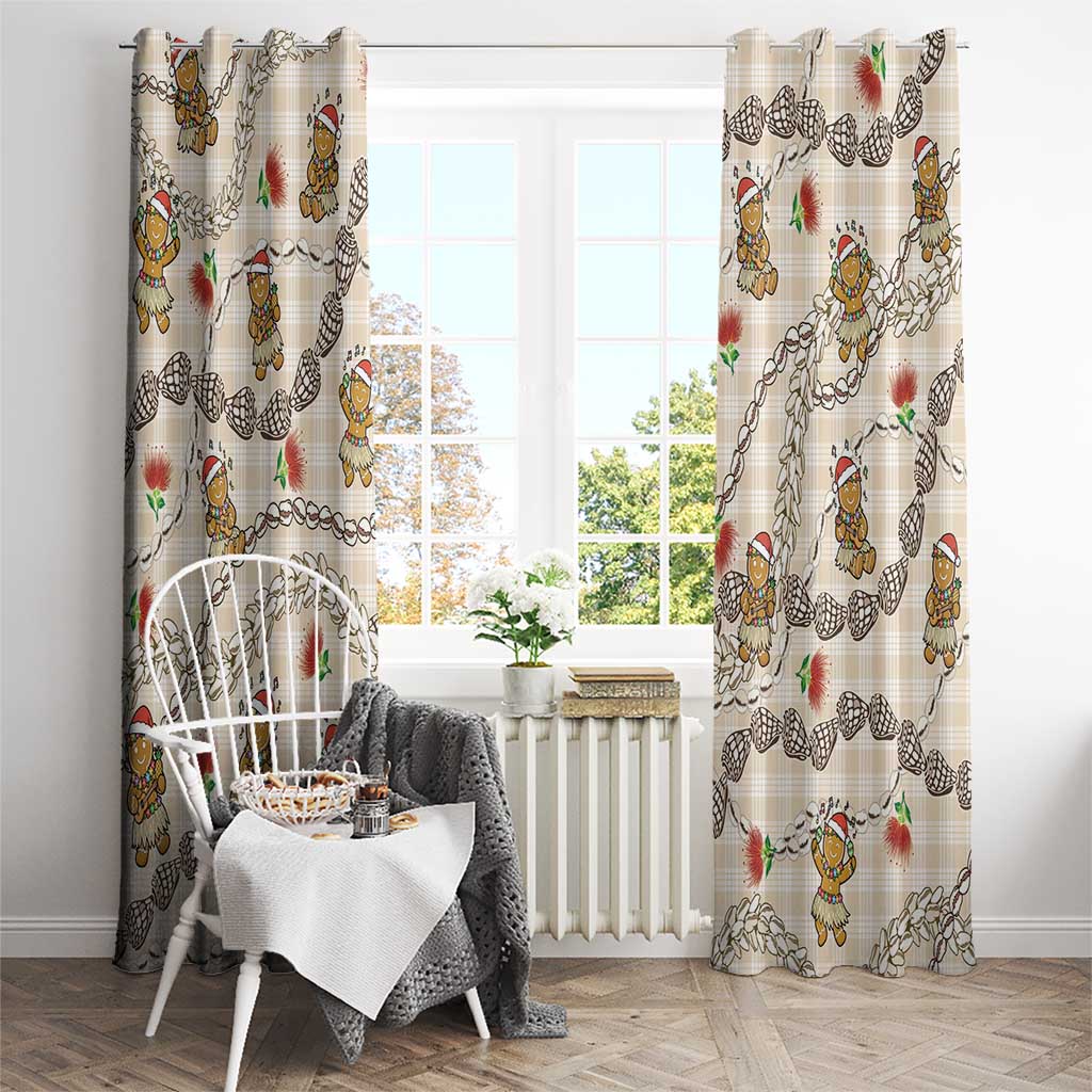 Beige Palaka Hawaii Mele Kalikimaka Window Curtain Ohia Lehua Shell Leis Funny Gingerbread Santa - Polynesian Pride