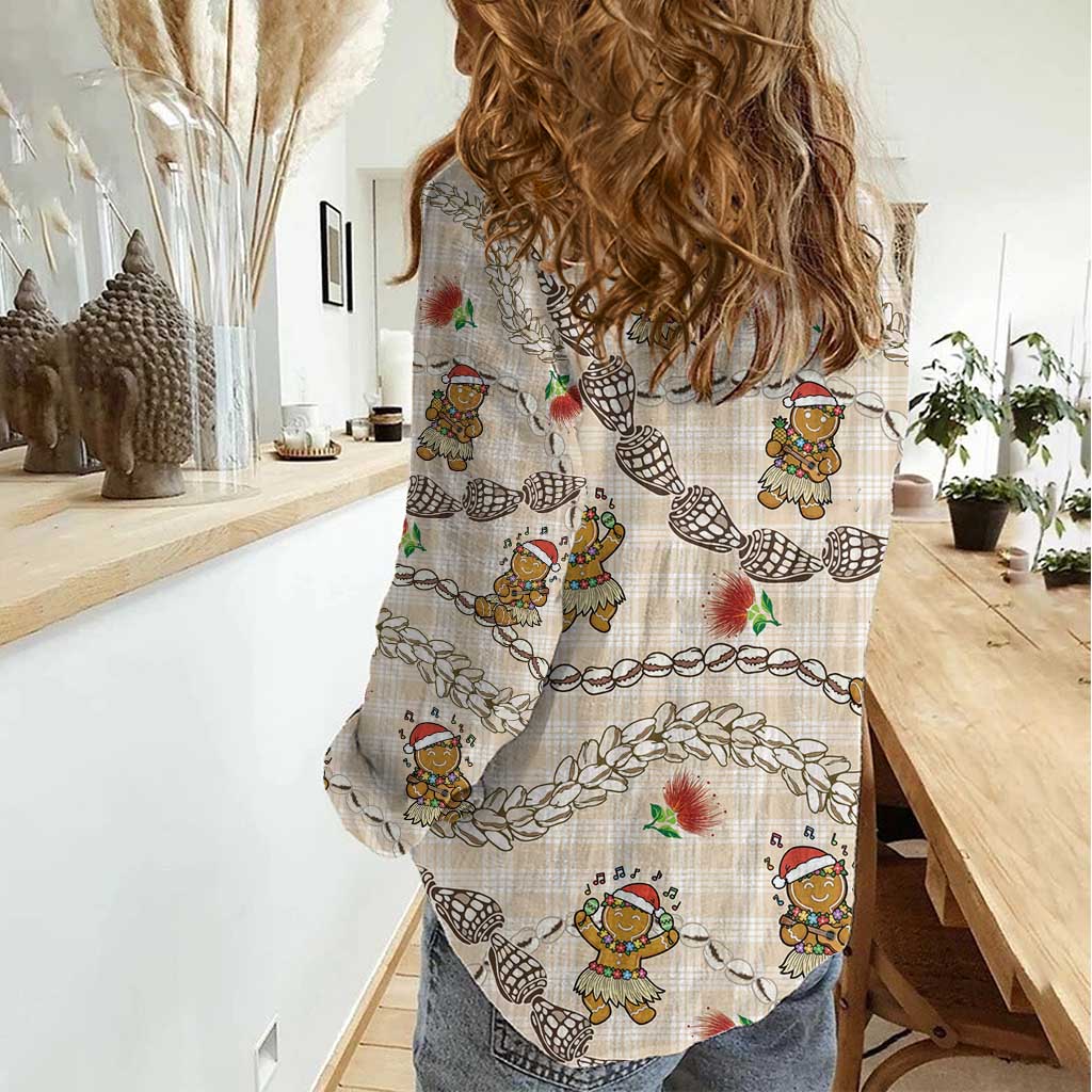 Beige Palaka Hawaii Mele Kalikimaka Women Casual Shirt Ohia Lehua Shell Leis Funny Gingerbread Santa - Polynesian Pride