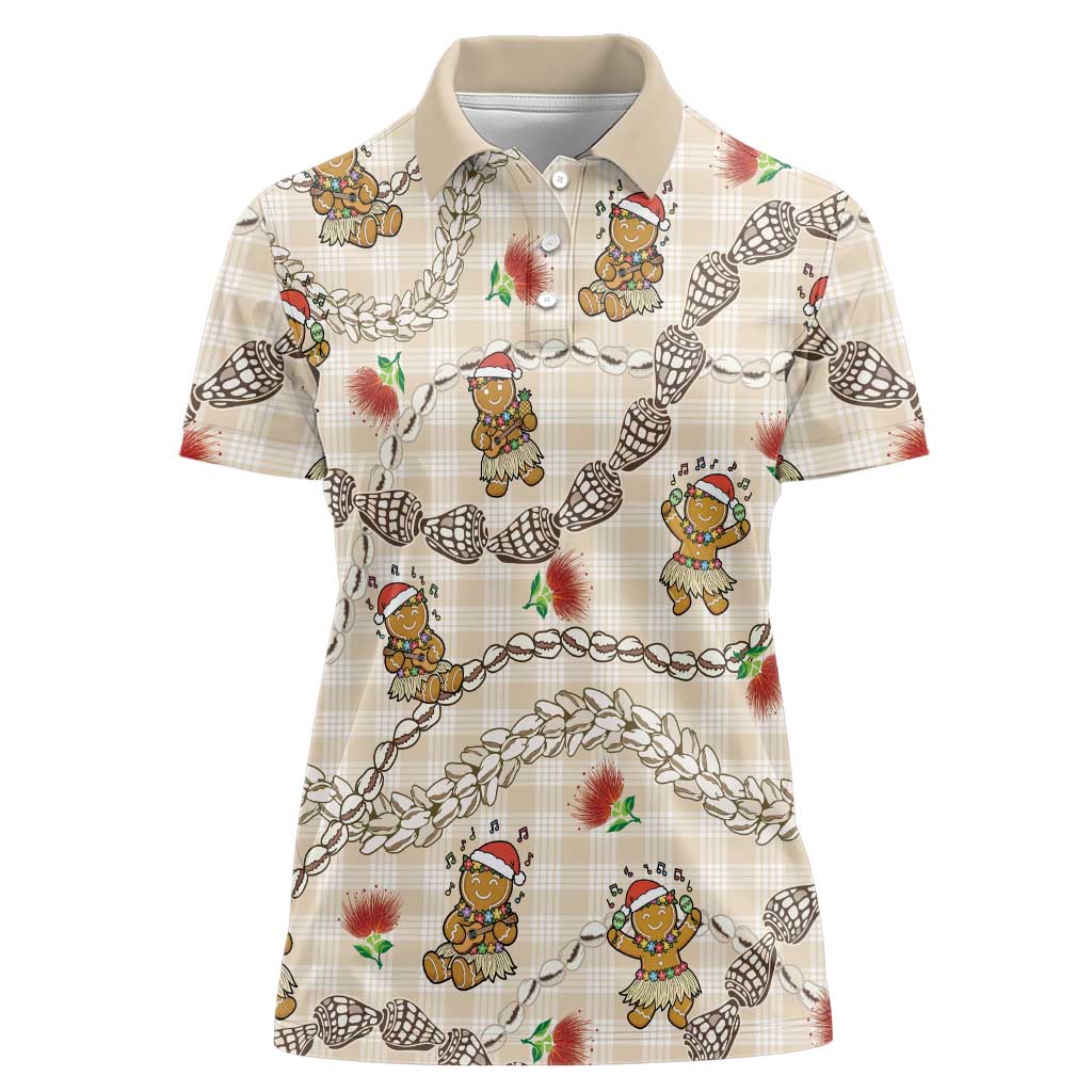 Beige Palaka Hawaii Mele Kalikimaka Women Polo Shirt Ohia Lehua Shell Leis Funny Gingerbread Santa - Polynesian Pride