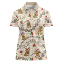 Beige Palaka Hawaii Mele Kalikimaka Women Polo Shirt Ohia Lehua Shell Leis Funny Gingerbread Santa - Polynesian Pride