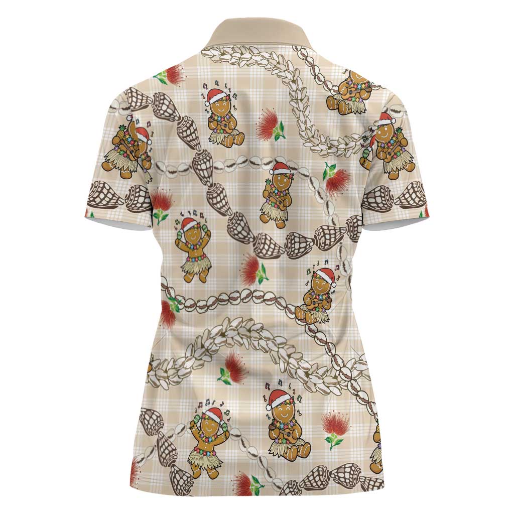Beige Palaka Hawaii Mele Kalikimaka Women Polo Shirt Ohia Lehua Shell Leis Funny Gingerbread Santa - Polynesian Pride