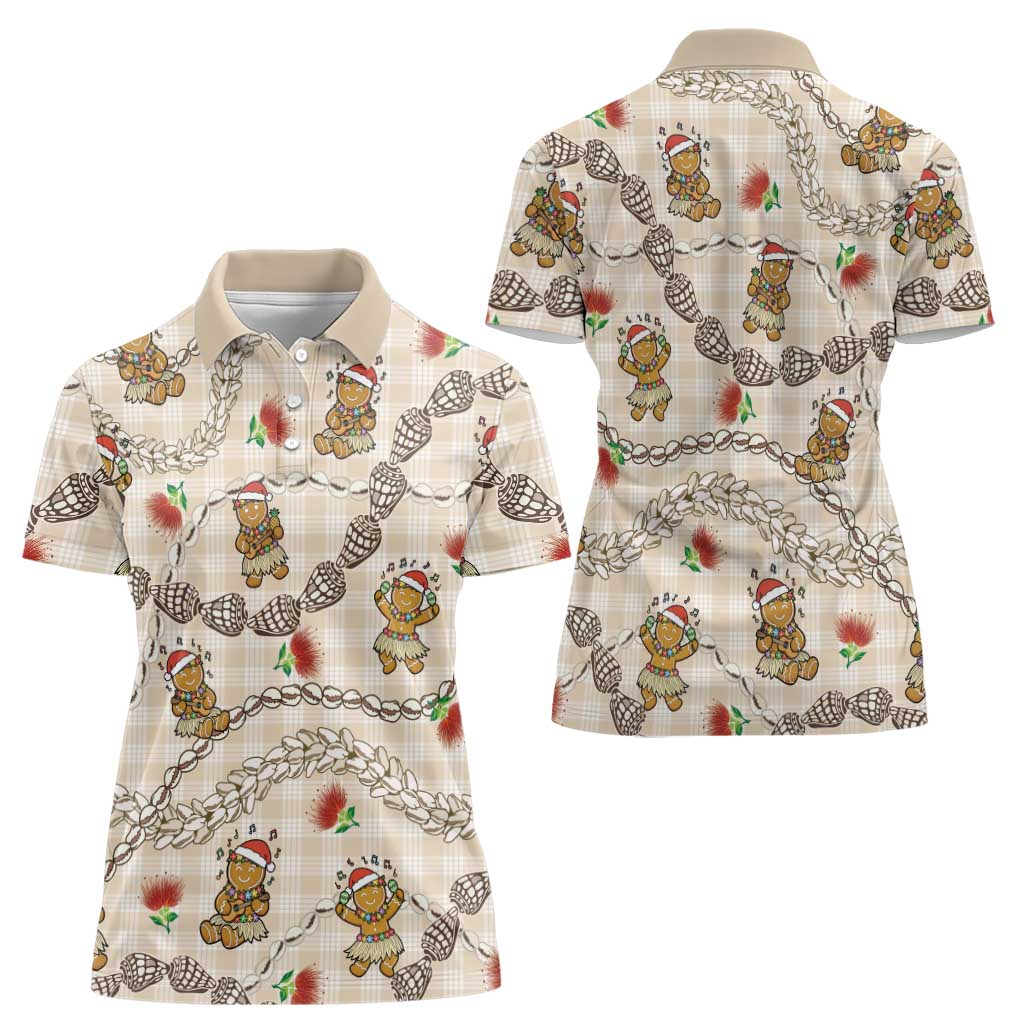 Beige Palaka Hawaii Mele Kalikimaka Women Polo Shirt Ohia Lehua Shell Leis Funny Gingerbread Santa - Polynesian Pride