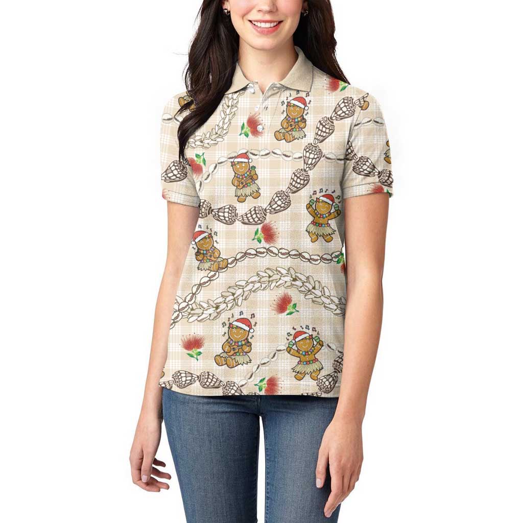 Beige Palaka Hawaii Mele Kalikimaka Women Polo Shirt Ohia Lehua Shell Leis Funny Gingerbread Santa - Polynesian Pride