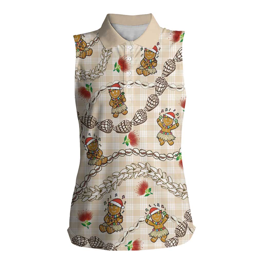 Beige Palaka Hawaii Mele Kalikimaka Women Sleeveless Polo Shirt Ohia Lehua Shell Leis Funny Gingerbread Santa LT14 Female Beige - Polynesian Pride