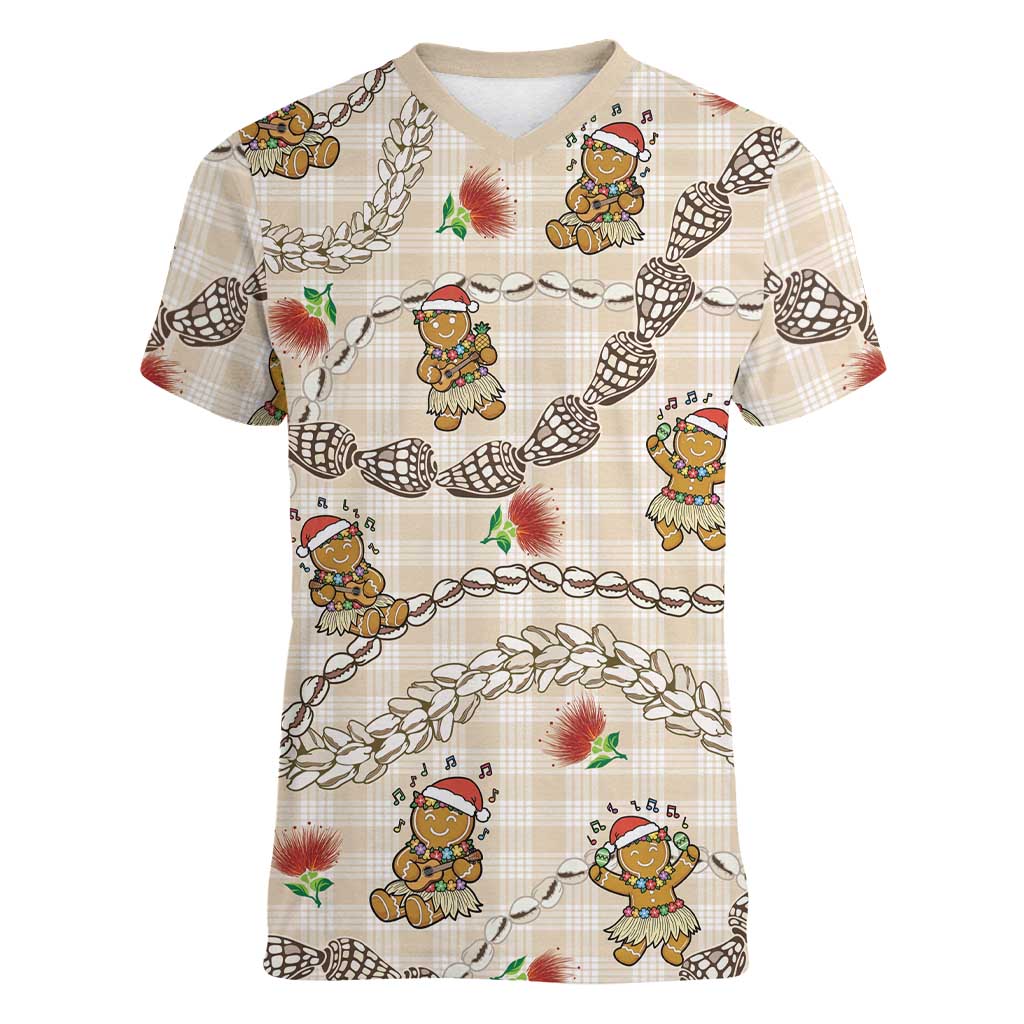 Beige Palaka Hawaii Mele Kalikimaka Women V-Neck T-Shirt Ohia Lehua Shell Leis Funny Gingerbread Santa - Polynesian Pride