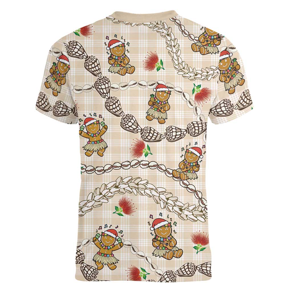 Beige Palaka Hawaii Mele Kalikimaka Women V-Neck T-Shirt Ohia Lehua Shell Leis Funny Gingerbread Santa LT14 - Polynesian Pride