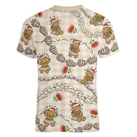Beige Palaka Hawaii Mele Kalikimaka Women V-Neck T-Shirt Ohia Lehua Shell Leis Funny Gingerbread Santa LT14 - Polynesian Pride