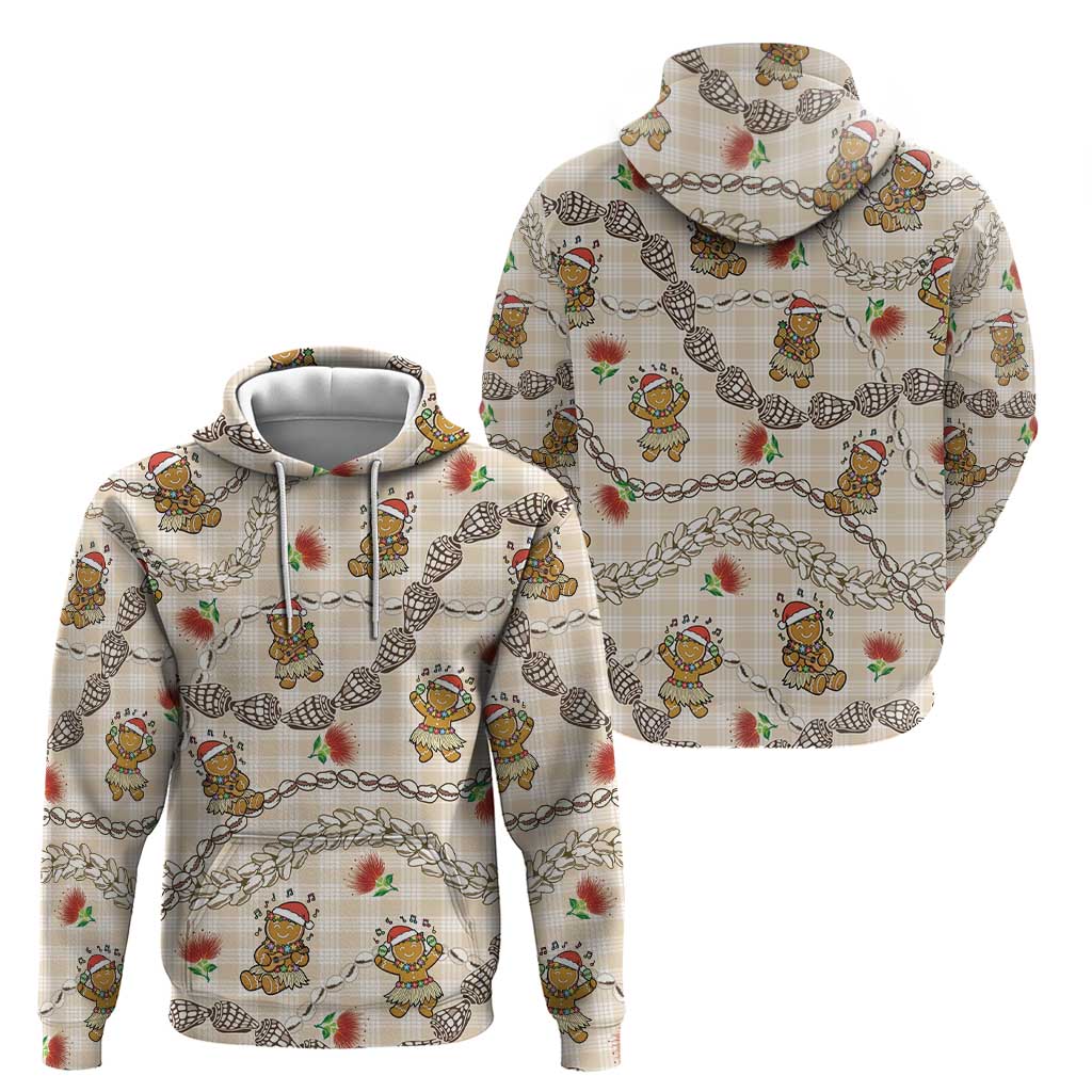 Beige Palaka Hawaii Mele Kalikimaka Zip Hoodie Ohia Lehua Shell Leis Funny Gingerbread Santa - Polynesian Pride