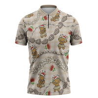 Beige Palaka Hawaii Mele Kalikimaka Zipper Polo Shirt Ohia Lehua Shell Leis Funny Gingerbread Santa LT14 Beige - Polynesian Pride