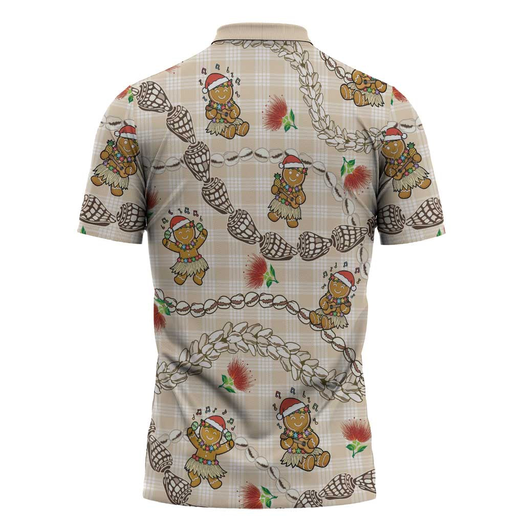 Beige Palaka Hawaii Mele Kalikimaka Zipper Polo Shirt Ohia Lehua Shell Leis Funny Gingerbread Santa LT14 - Polynesian Pride